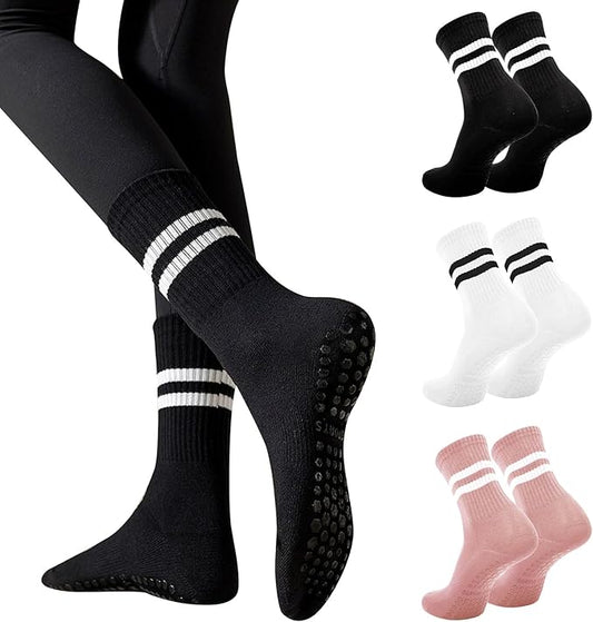 3 Pairs Non Slip Yoga Socks for Women Anti-skid Long Socks for Yoga, Barre, Ballet, Dance, Barefoot Workout Gym