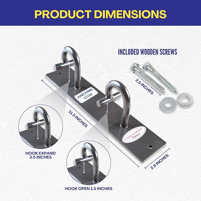 Anchor Gym Core Station - Wall Mount Workout Anchors for Resistance Band, Three Units with Two Hooks for Exercise Bands, Body Weight Straps, Strength Training - (Wood Mounting Screws Included)