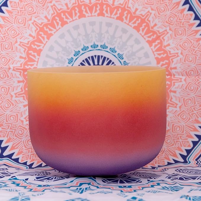 432 Hz E Solar Plexus Chakra Rainbow Colored Frosted Quartz Crystal Singing Bowl 8 inch
