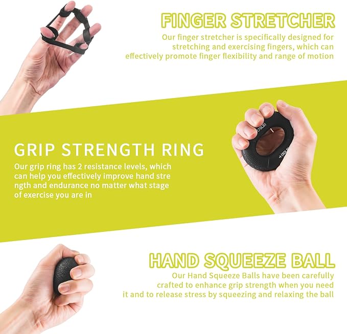 7PCS Grip Strength Trainer Kit, 2 Adjustable Forearm Resistance Grips, Finger Stretchers, Grip Ring, Hand Squeeze Ball, Finger Exercises, User Manual, Suitable for Hand Training, Suitable for Everyone