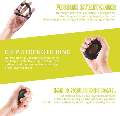 7PCS Grip Strength Trainer Kit, 2 Adjustable Forearm Resistance Grips, Finger Stretchers, Grip Ring, Hand Squeeze Ball, Finger Exercises, User Manual, Suitable for Hand Training, Suitable for Everyone