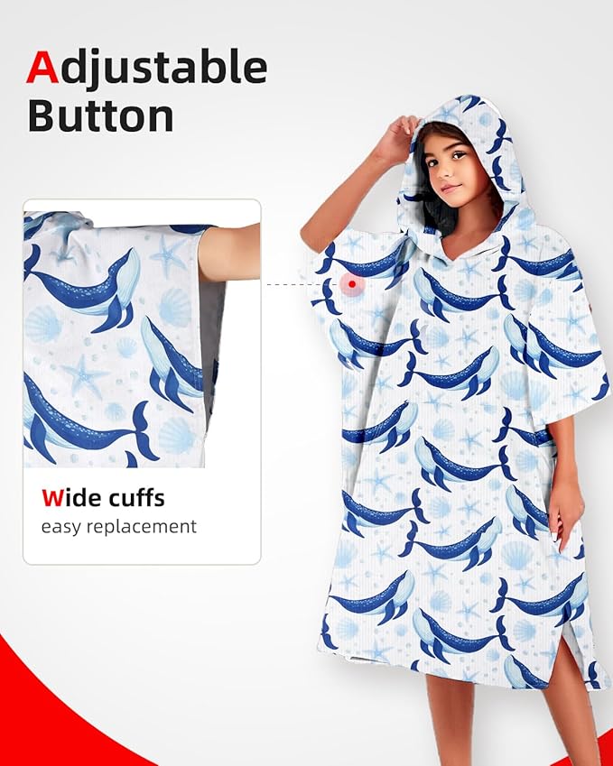 Abahub Surf Poncho Women & Men Towel Poncho Adult with Hood, Thick Quick Dry Changing Poncho Towel, Microfiber Wearable Cover Up for Surfing Beach Swim - Absorbent Changing Towel S (Blue Whale)