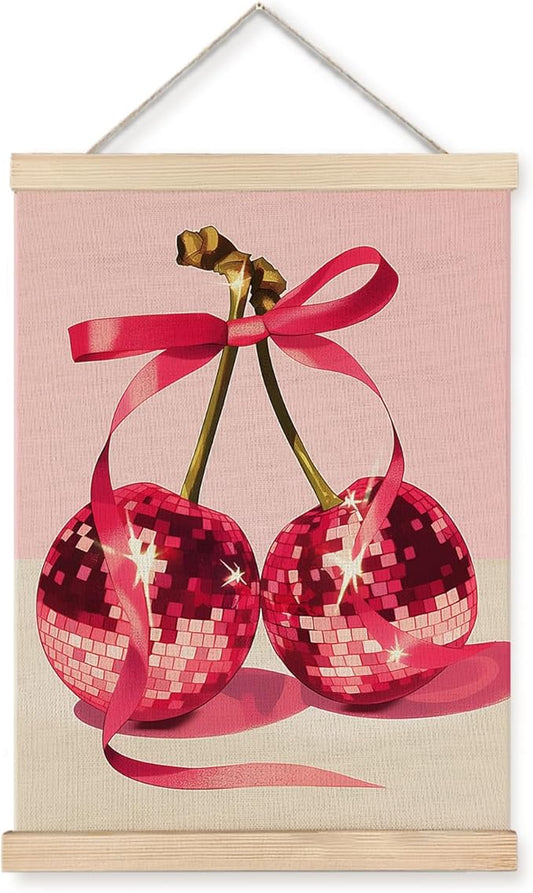 Funky Y2K Red Ribbon Cherry Disco Ball Wall Art, Y2K Room Decor, Disco Ball Room Decor, Preppy Room Decor, Trendy Retro Aesthetic Canvas Wall Art Poster Hanger Frame, 12x16 Inches
