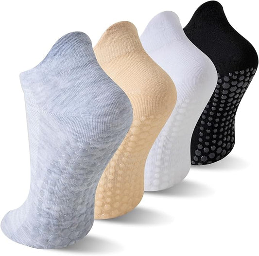 4 Pairs Grip Socks for Yoga, Non Slip Sticky Socks with Pull Tab and Mesh, For Barre and Daily Training Use