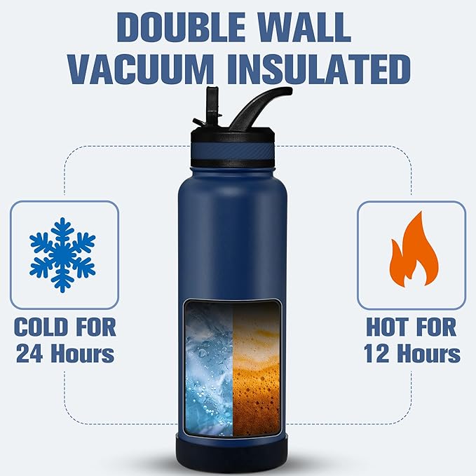 OLDLEY 40 oz Insulated Water Bottle With Straw, Stainless Steel Sports Water Cup Flask with 3 Lids(Straw, Spout and Handle Lid) Double Walled Travel Thermal Canteen Mug,Navy Blue