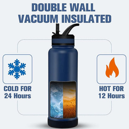OLDLEY 40 oz Insulated Water Bottle With Straw, Stainless Steel Sports Water Cup Flask with 3 Lids(Straw, Spout and Handle Lid) Double Walled Travel Thermal Canteen Mug,Navy Blue