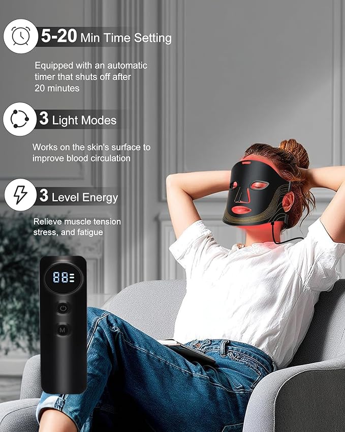 Red Light Therapy Mask for Face - 4 Light Modes with 660nm 850nm Wavelength, Blue & Red Light Therapy Face Mask, 2000mAh, Eye Protection, Timer & Travel-Friendly Design for Home Skincare