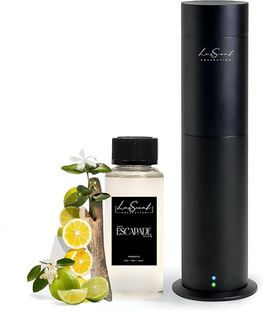 Aroma Scent Diffuser Starter Kit for Up to 1000SQ. FT. Coverage - 120ML Waterless Essential Oil Scent Included - Luxury Aroma Diffuser Ideal for Home, Office & Hotel (Black, Escapade)