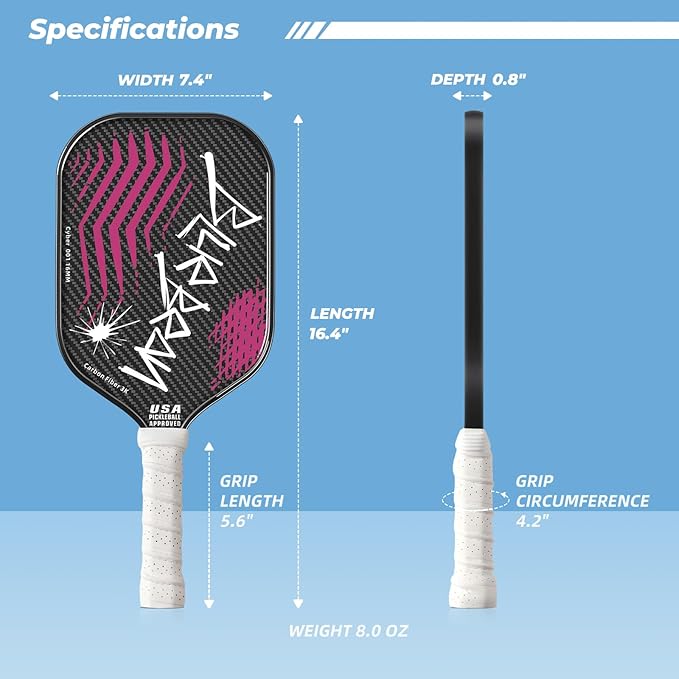 Pickleball Paddles,USAPA,Carbon Fiber Pickleball Paddle with 16MM Polymer Honeycomb Core Provides Lighter Weight&Higher Grit&Spin,Engineered for Professional Players,BlueBean