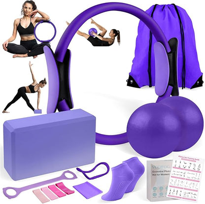 Pilates Ring Essentials Kit for Women,Home Fitness Equipment Sets with 12''Pilates Ring,2 Pilates Ball,Yoga Brick,Elastic Band & Other Accessories Suitable for Exercise & Shape Up-13PCS