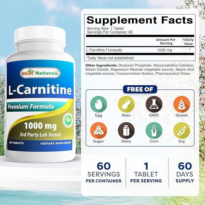 Best Naturals L-Carnitine 1000mg 60 Tablets (60 Count (Pack of 1))
