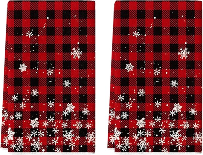 Artoid Mode Red Buffalo Plaid Snowflakes Christmas Kitchen Towels Dish Towels, 18x26 Inch Farmhouse Holiday Winter Decoration Cleaning Set of 2