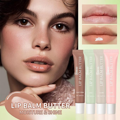 Summer Lip Glossy Butter Lip Balm, Lip Gloss Set, Soothing Lip Skincare, Instant Moisture, Lightweight, Nourish, Hydrate, Moisturizing Tint, Non-Sticky, Long-lasting (4Colors, Large)