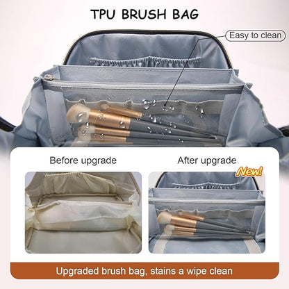 BOYATU Travel Makeup Bag Organizer Cosmetic Bag: 3 Pcs Set Make up Bags for Women with Handle - Waterproof Vegan Leather Toiletry Bags Travel Essentials Pouch with Compartments (G-04-Orange)