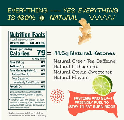KEY Ketone Energy Drink - Sugar Free, 80mg Low Caffeine, All Natural, 11.5g Ketones, Long Lasting Energy, Green Tea & L-Theanine for Mental Focus, Ginger Lime (Pack of 12)
