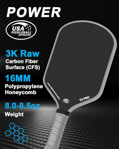 Pickleball Paddle - 3K Raw Carbon Fiber Surface (CFS) + Carbon Abrasion Surface (CAS) with High Grit & Spin, Sure-Grip Elongated Handle, Pickle Ball Paddle with 16mm Polypropylene Honeycomb Core