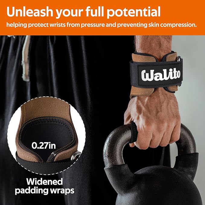 WALITO Weight Lifting Wrist Straps (Pair),Double Layer Leather Grips for Deadlift,Powerlifting and Gym Workouts, Adjustable Neoprene Padded Wrist Wraps - Men/Women, Heavy Duty Support