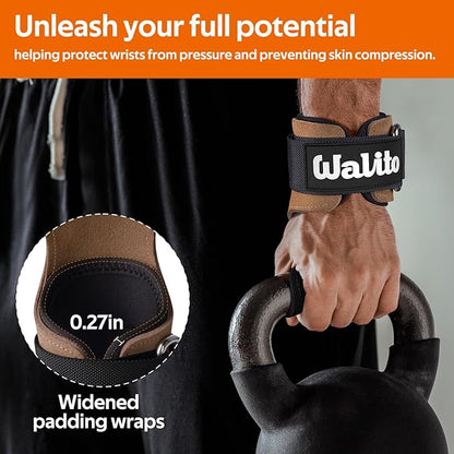 WALITO Weight Lifting Wrist Straps (Pair),Double Layer Leather Grips for Deadlift,Powerlifting and Gym Workouts, Adjustable Neoprene Padded Wrist Wraps - Men/Women, Heavy Duty Support