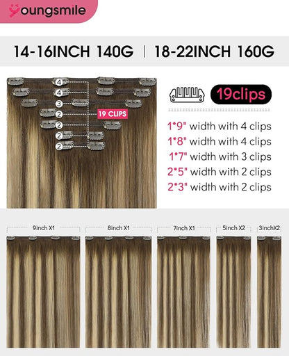 Youngsmile Clip in Hair Extensions Human Hair 22Inch 7 Pcs 160 Gram Clip in Extensions,Natural Human Hair, Balayage Chocolate Brown with Caramel Brown,Thick End (7C#4/27/4-22Inch)