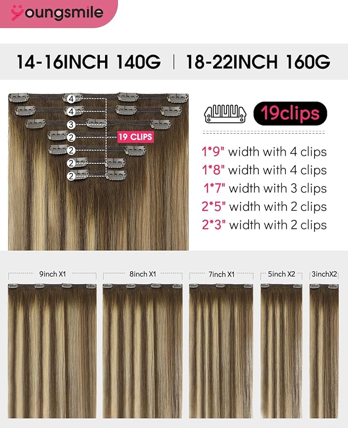 Youngsmile Real Human Hair Clip in Extensions, Clip in Extensions Human Hair 20 Inch Balayage Chocolate Brown with Caramel Brown 7 Pcs 160 Gram, Easy to Install Natural Human Hair (7C#4/27/4-20Inch)