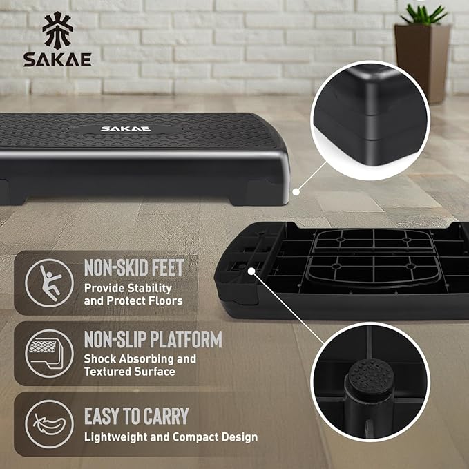 SAKAE Aerobic Step Platform Set with Waist Trimmer & Measuring Tape, Exercise Steppers for Home Exercise Fitness, Adjustable Height 2 Level Risers Workout Step Platform Trainer, Multiple Colors