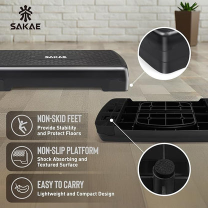SAKAE Aerobic Step Platform Set with Waist Trimmer & Measuring Tape, Exercise Steppers for Home Exercise Fitness, Adjustable Height 2 Level Risers Workout Step Platform Trainer, Multiple Colors