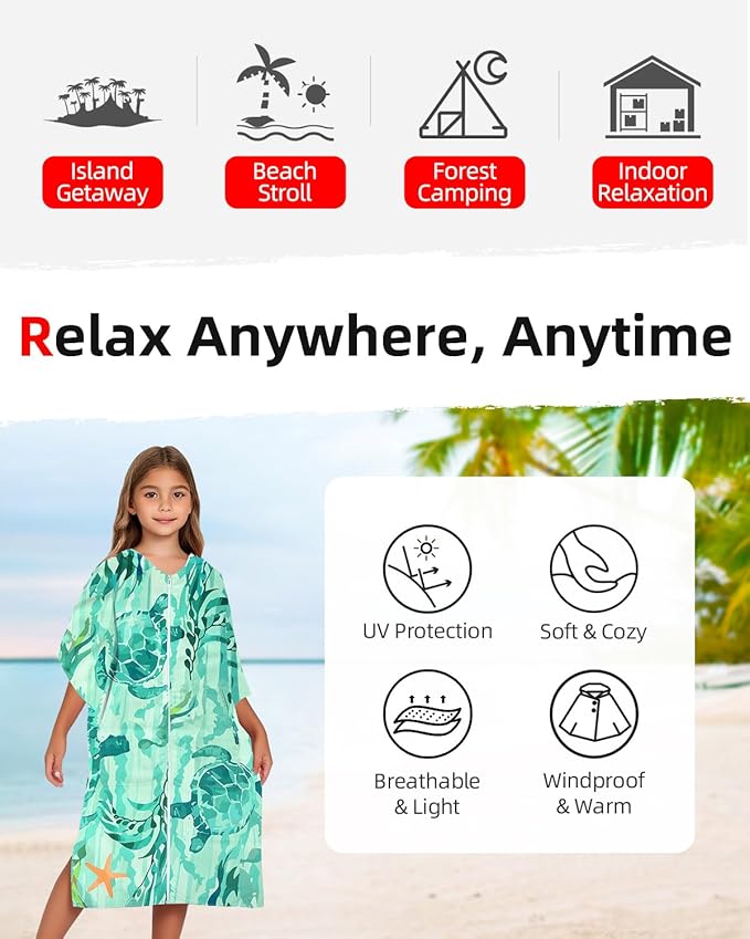 Abahub Surf Poncho Women & Men Towel Poncho Adult with Hood, Thick Quick Dry Changing Poncho Towel, Microfiber Wearable Cover Up for Surfing Beach Swim - Absorbent Changing Towel S (Green Turtle)