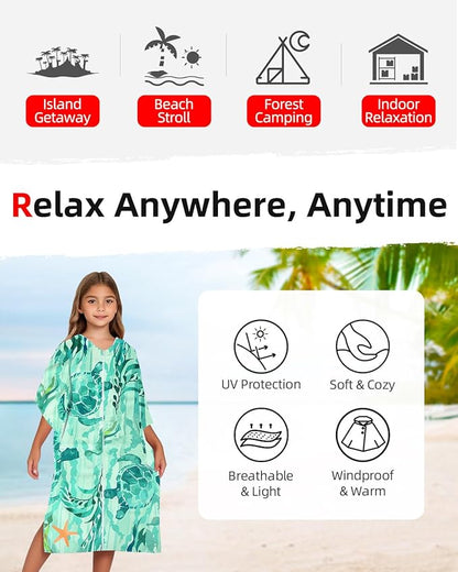 Abahub Surf Poncho Women & Men Towel Poncho Adult with Hood, Thick Quick Dry Changing Poncho Towel, Microfiber Wearable Cover Up for Surfing Beach Swim - Absorbent Changing Towel S (Green Turtle)