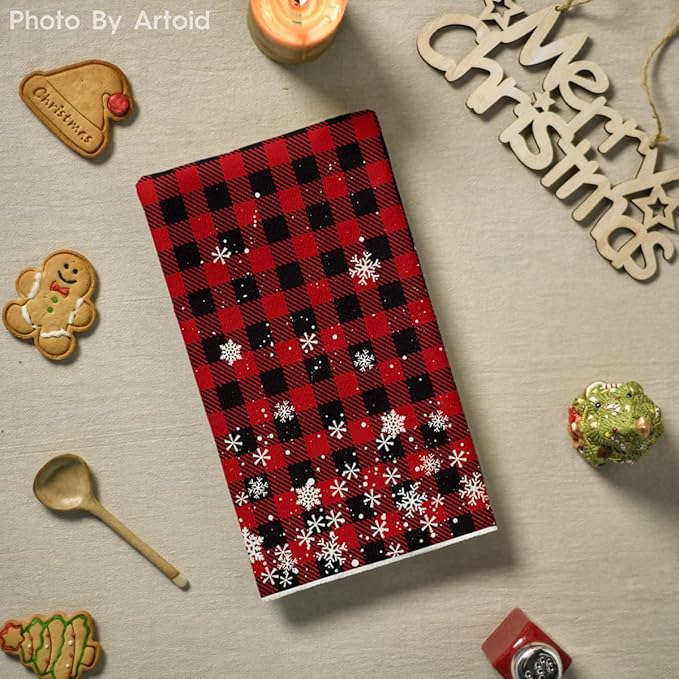 Artoid Mode Red Buffalo Plaid Snowflakes Christmas Kitchen Towels Dish Towels, 18x26 Inch Farmhouse Holiday Winter Decoration Cleaning Set of 2