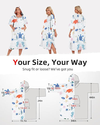 Abahub Surf Poncho Men & Women Towel Poncho Adult with Hood, Thick Quick Dry Changing Poncho Towel, Microfiber Wearable Cover Up for Surfing Beach Swim - Absorbent Changing Towel L (White Seabed)