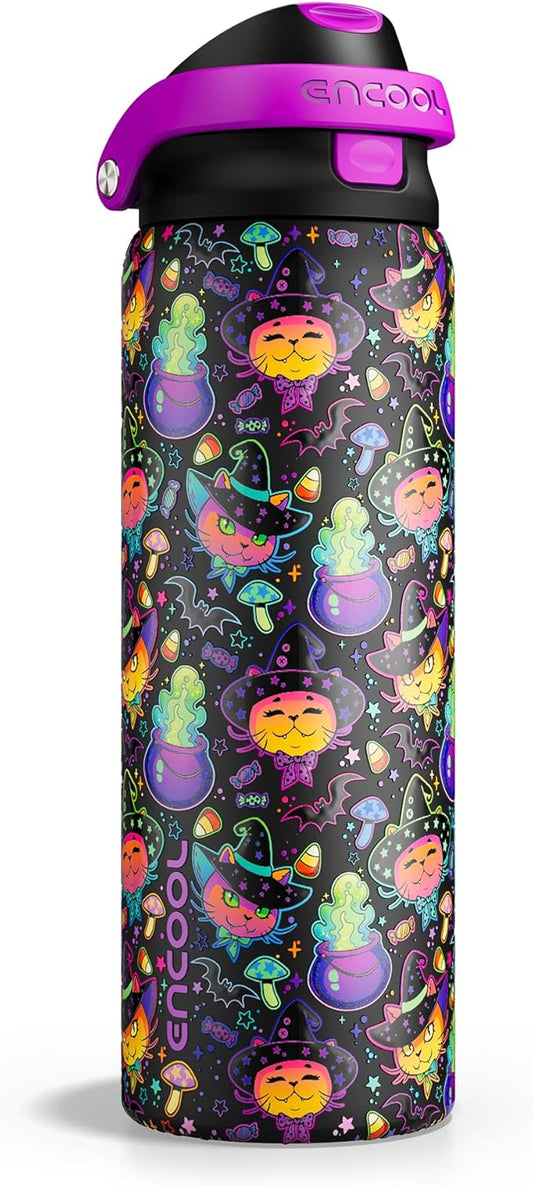 Halloween Gothic Water Bottle with Straw, Stainless Steel Insulated Water Bottle,Leak Proof, One-Touch Flip Lid, BPA Free, Holiday Gifts For Women Men, 32oz, Meowgic Night