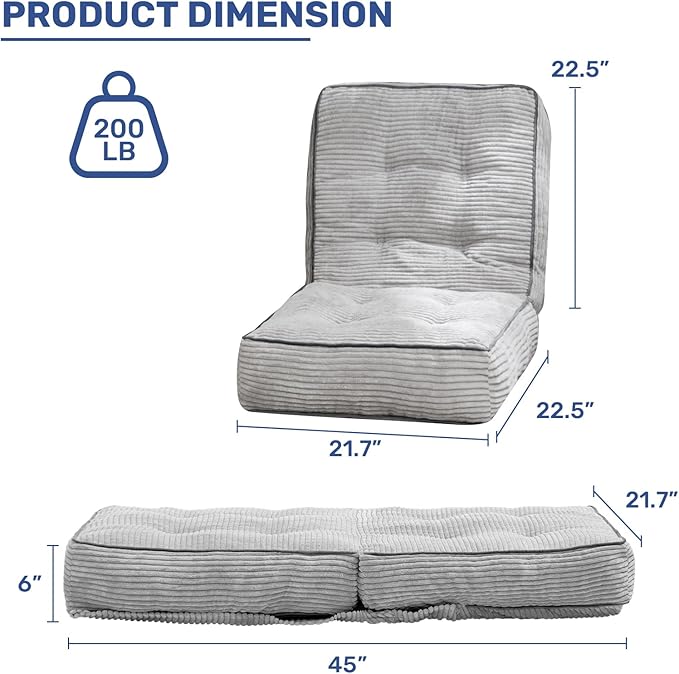 HollyHOME Adjustable Floor Chair with 6 Positions, Folding Lazy Sofa Recliner with Back Support, Thick Sponge Cushion and Portable Handle, Comfy Gaming Meditation Chair for Dorm, Bedroom, Light Grey