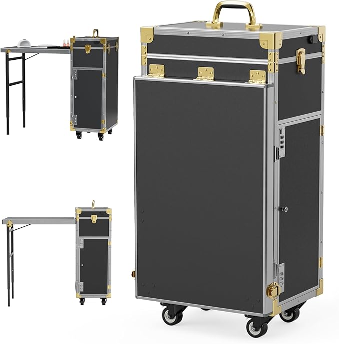 Icoget Portable Rolling Manicure Table for Nail Teach, Foldable Traveling Nail Desk w/Storage, Mobile Nail Table w/Audio and Mirror, Makeup Train Case Cosmetic Trolley, Black