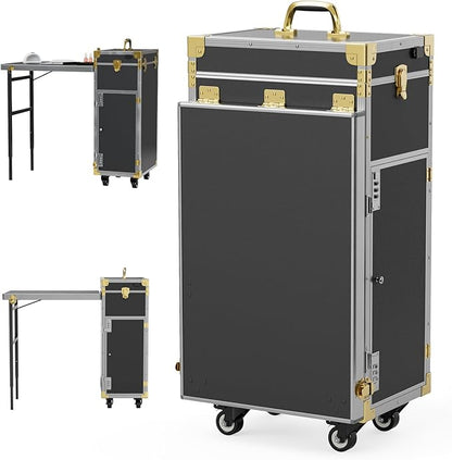 Icoget Portable Rolling Manicure Table for Nail Teach, Foldable Traveling Nail Desk w/Storage, Mobile Nail Table w/Audio and Mirror, Makeup Train Case Cosmetic Trolley, Black