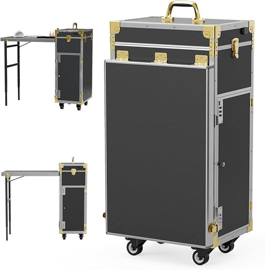 Icoget Portable Rolling Manicure Table for Nail Teach, Foldable Traveling Nail Desk w/Storage, Mobile Nail Table w/Audio and Mirror, Makeup Train Case Cosmetic Trolley, Black