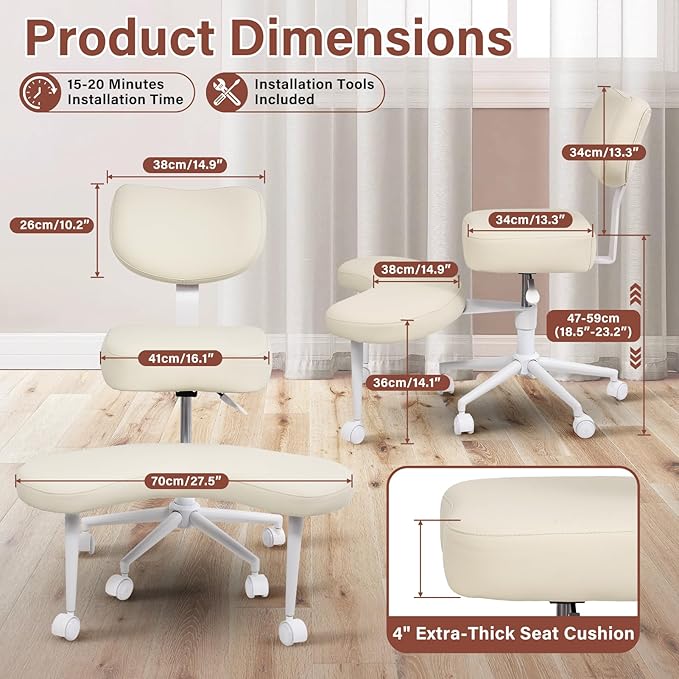 Meditation Chair, Cross Legged ADHD Office Chair for Adults with Wheels Ergonomic Back Support and Leg Rest for Multi Position Criss Cross Sitting Kneeling and Yoga Height Adjustable, Leather Style