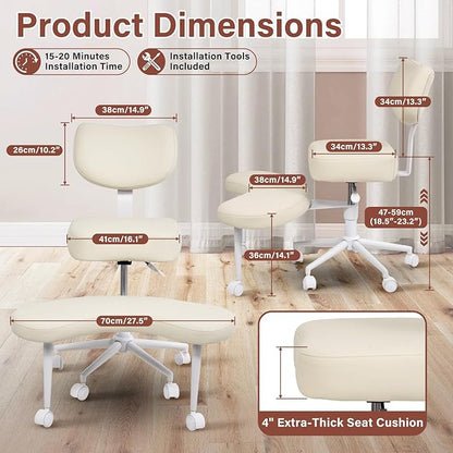 Meditation Chair, Cross Legged ADHD Office Chair for Adults with Wheels Ergonomic Back Support and Leg Rest for Multi Position Criss Cross Sitting Kneeling and Yoga Height Adjustable, Leather Style