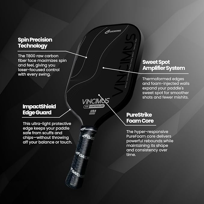 Vincimus Air Controller T600 Pickleball Paddle, T600 Carbon Fiber Pickleball Paddle with Enhance PP Honeycomb 16mm Core, 8.1oz with GatorGrit Face