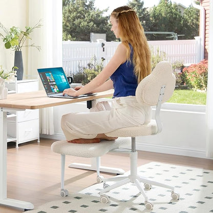 Cross Legged Office Chair with Wheels, Meditation Chair, ADHD Chair for Adults, Wider Height Adjustable Backrest and Seat, Yoga Office Chair, Teddy Fabric, Off White