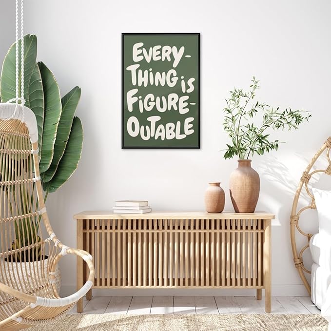 Everything is Figureoutable Motivational Canvas Wall Art Print Uplifting Quote Inspirational Art Poster Green Office Affirmation Wall Decor Minimalist Picture Painting Home Decor 24x36inch black framed