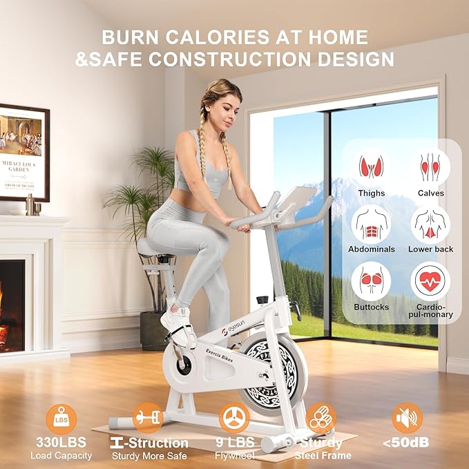 Exercise Bikes for Home,Indoor Cycling Bike with Adjustable Friction,Brake Pad Resistance Silent Belt Drive,330lbs Weight Capacity &Upgraded Version Seat for Home Cardio&Weight Loss