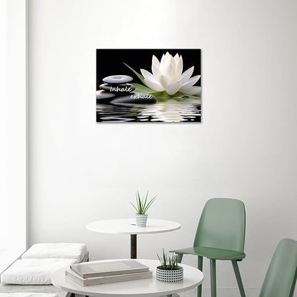 Zen Wall Art Inhale Exhale Canvas Prints Lotus Bloom in Water with Spa Stone Pictures for Zen Office Wall Decor Modern Spiritual Framed Artwork Poster (24 x 36inches)