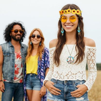 Hicarer Hippie Costume Accessories Include Sunglasses, Peace Sign Necklace, Boho Headband and Earring for 60s 70s Party