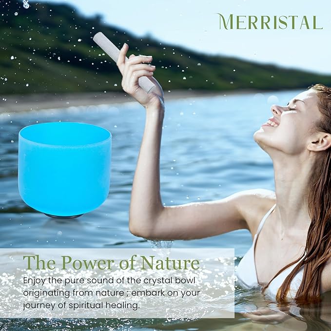432HZ 8 Inchs G Note Blue Frosted Crystal Singing Bowl for Meditation Healing Yoga Chakra Quartz Crystal Sound Bowls with Heavy Duty Carry Case and Rubber Mallet,Suede Striker,O-rings