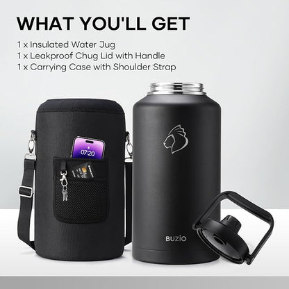 BUZIO 2 Gallon Water Bottle Insulated, (Cold for 48 Hrs) 256oz Extra Large Water Jug Stainless Steel, 4.4in Big Wide Mouth Leak Proof Metal Flask with Handle for Camping,Outdoor Work,Travel, Black