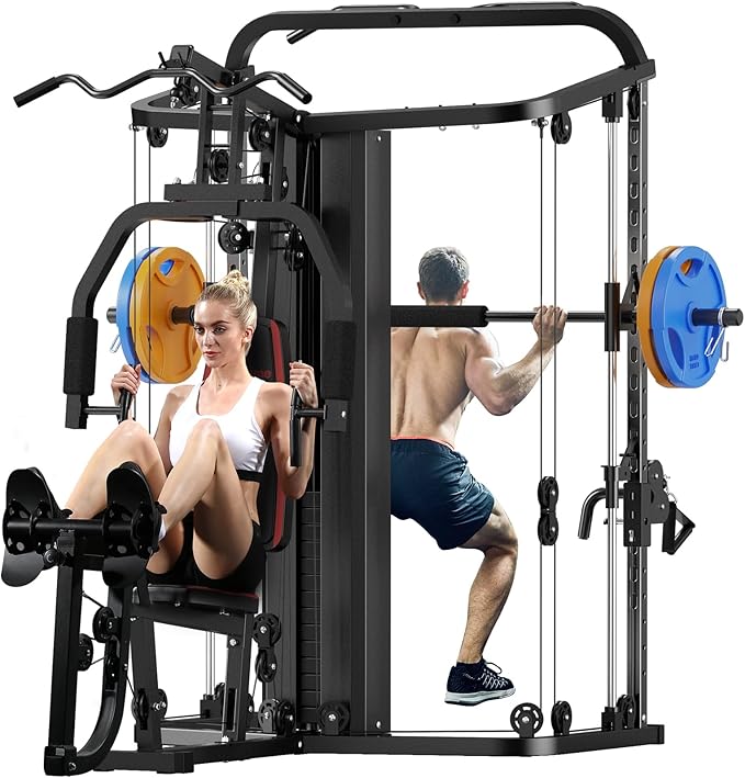 SunHome Multifunction Home Gym System Workout Station,Smith Machine with 138LB Weight Stack, Leg Press, LAT Station for Full Body Training