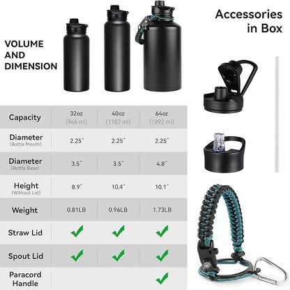 32 oz Insulated Water Bottle Bulk 8 Pack, Stainless Steel Sports Water Bottles with Straw Lid & Wide Mouth Lids, Double Walled Vacuum, Leak Proof, Stainless Steel