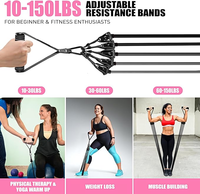 Resistance Bands, Exercise Bands with Handles for Working Out, Fitness Bands for Women, Workout Equipment Home Gym, Training Bands with Door Anchor, Ankle Straps, Shape Body, Physical Therapy