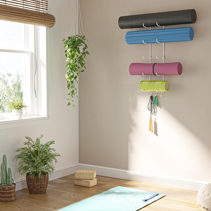 Wallniture Guru Yoga Mat Holder Wall Mount with 3 Hooks for Hanging Yoga Strap, Resistance Bands, 5-Sectional Metal