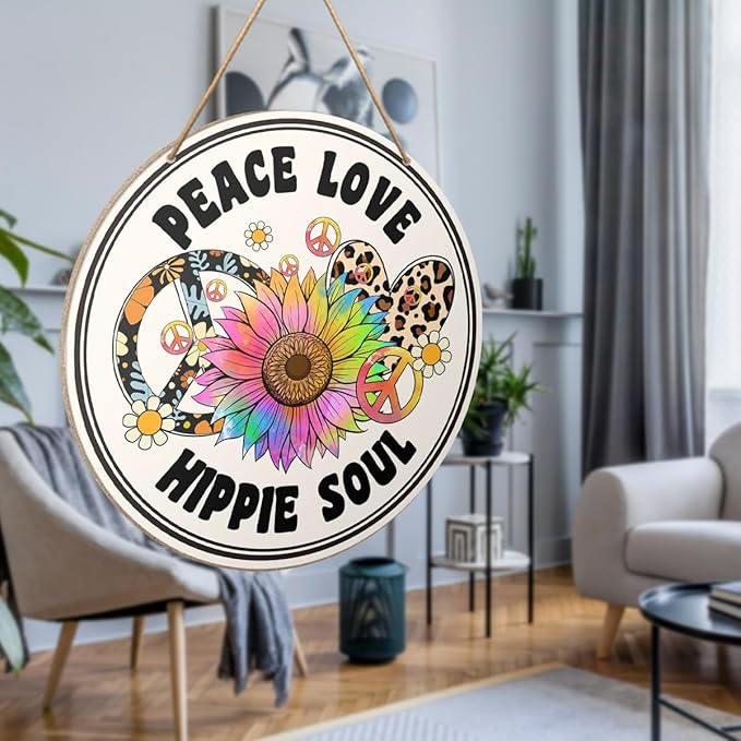 Hippie Peace Sign Wall Decor, Hippie Peace Sign for Front Door Home Living Room Bedroom, Peace and Love Sign, Boho Hippie Peace Round Wood Hanging Signs Decorations, Hipple Soul Sign